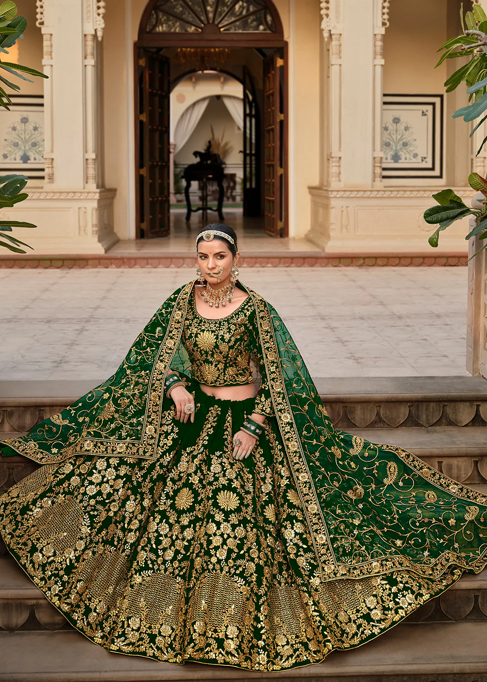 Green Fancy Dori & Stone Work Velvet Lehenga Choli - Image 3