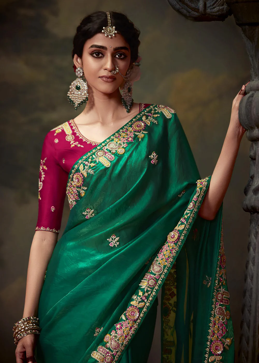 Green Fancy Fabric Embroidered Festive Saree - Image 2