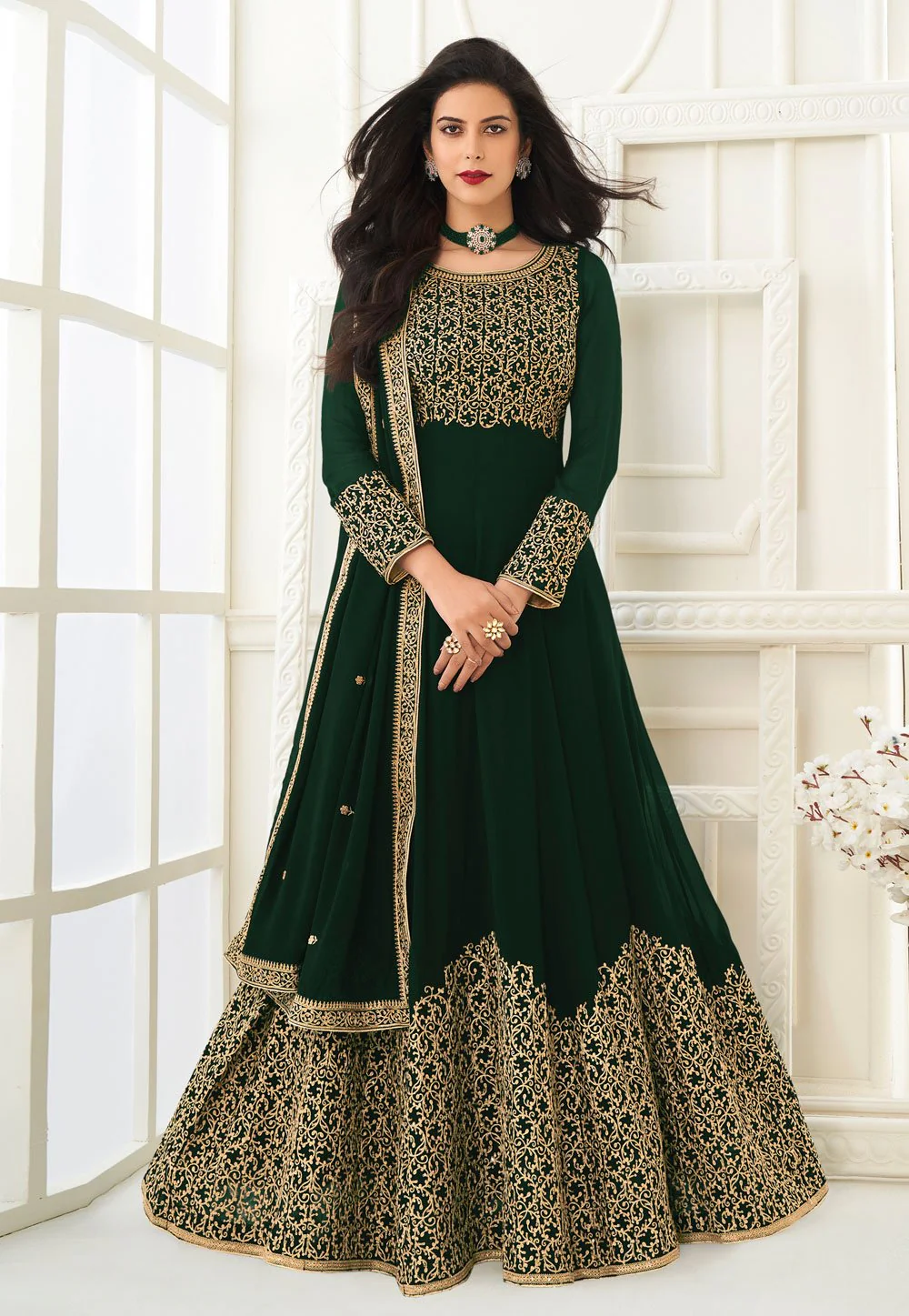 Green Faux Georgette Embroidered Anarkali Suit