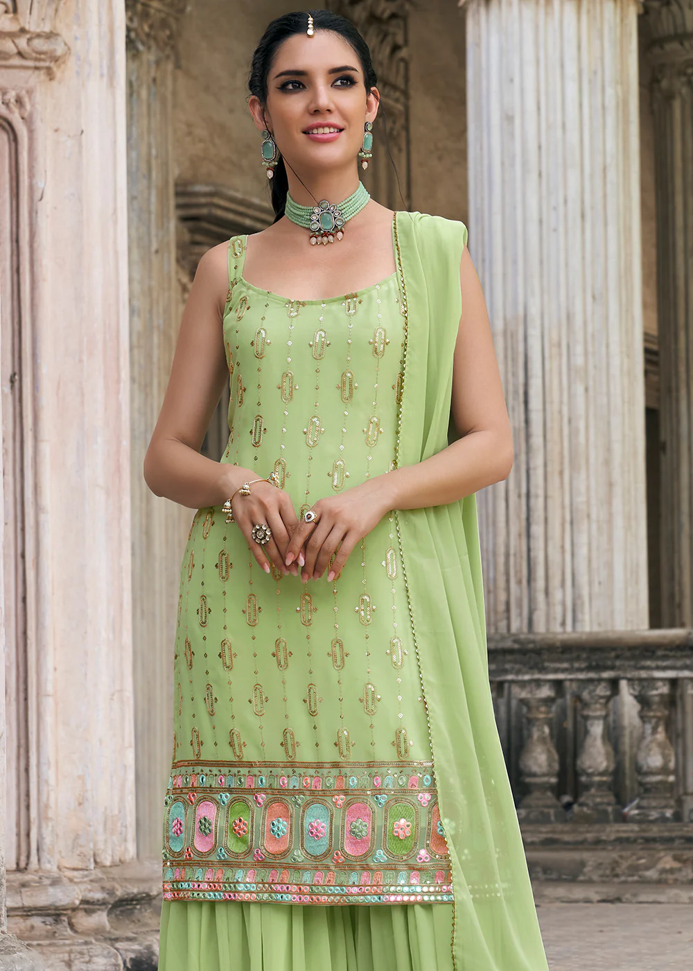 Green Faux Georgette Festive Gharara Style Suit - Image 2