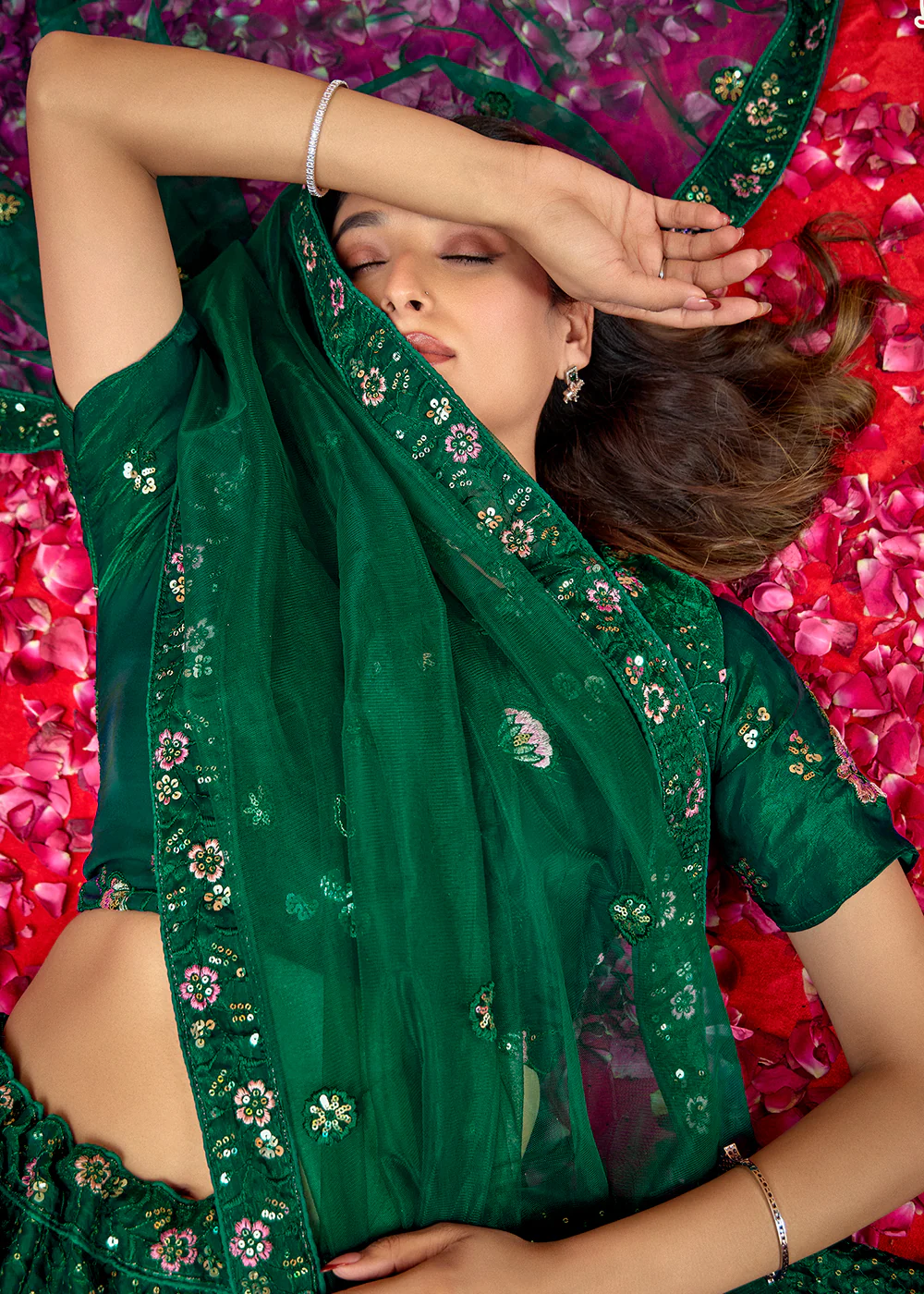Green Fendy Silk Embroidered Party Wear Lehenga Choli - Image 4