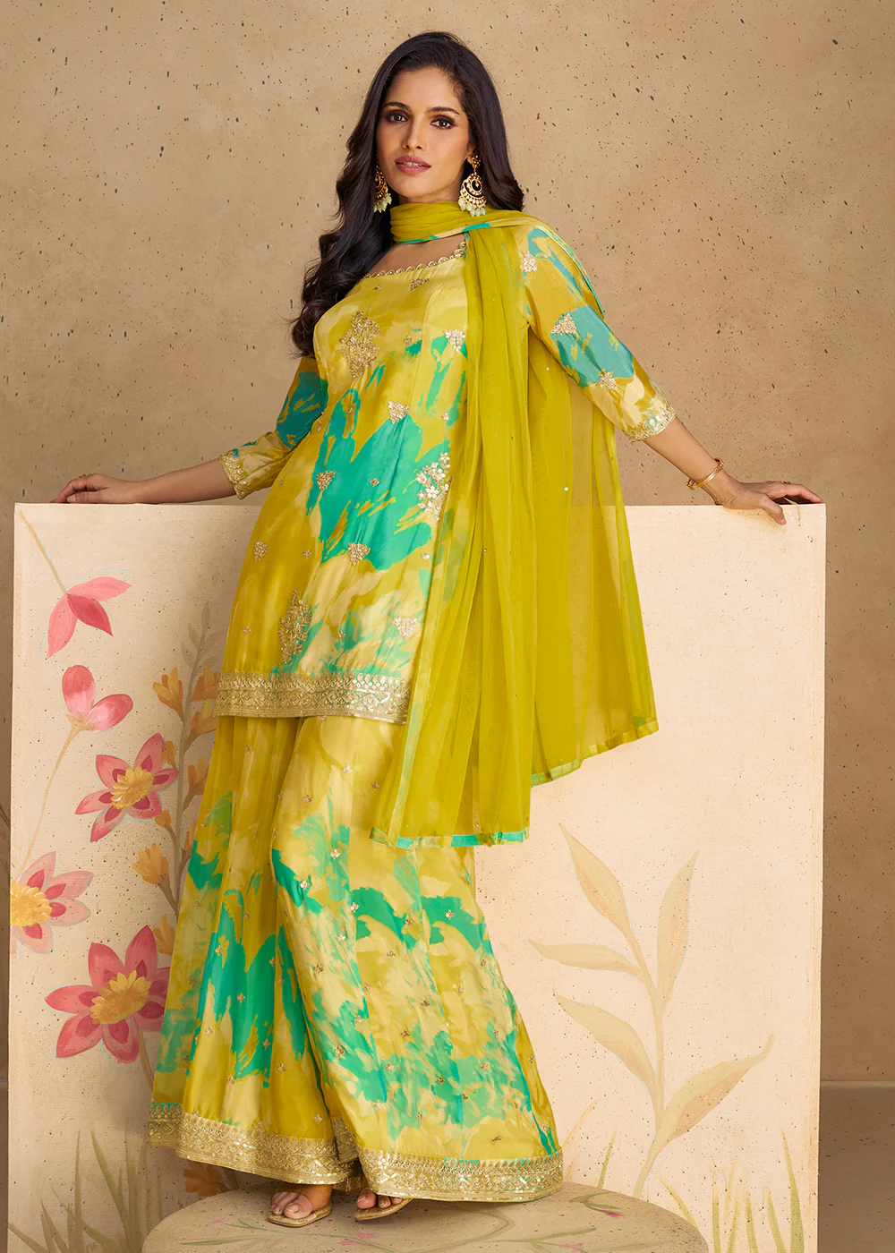 Green Festive Party Real Chinnon Silk Palazzo Suit