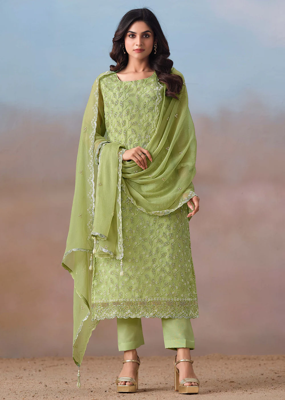 Green Festive Style Beads Work Chiffon Salwar Suit