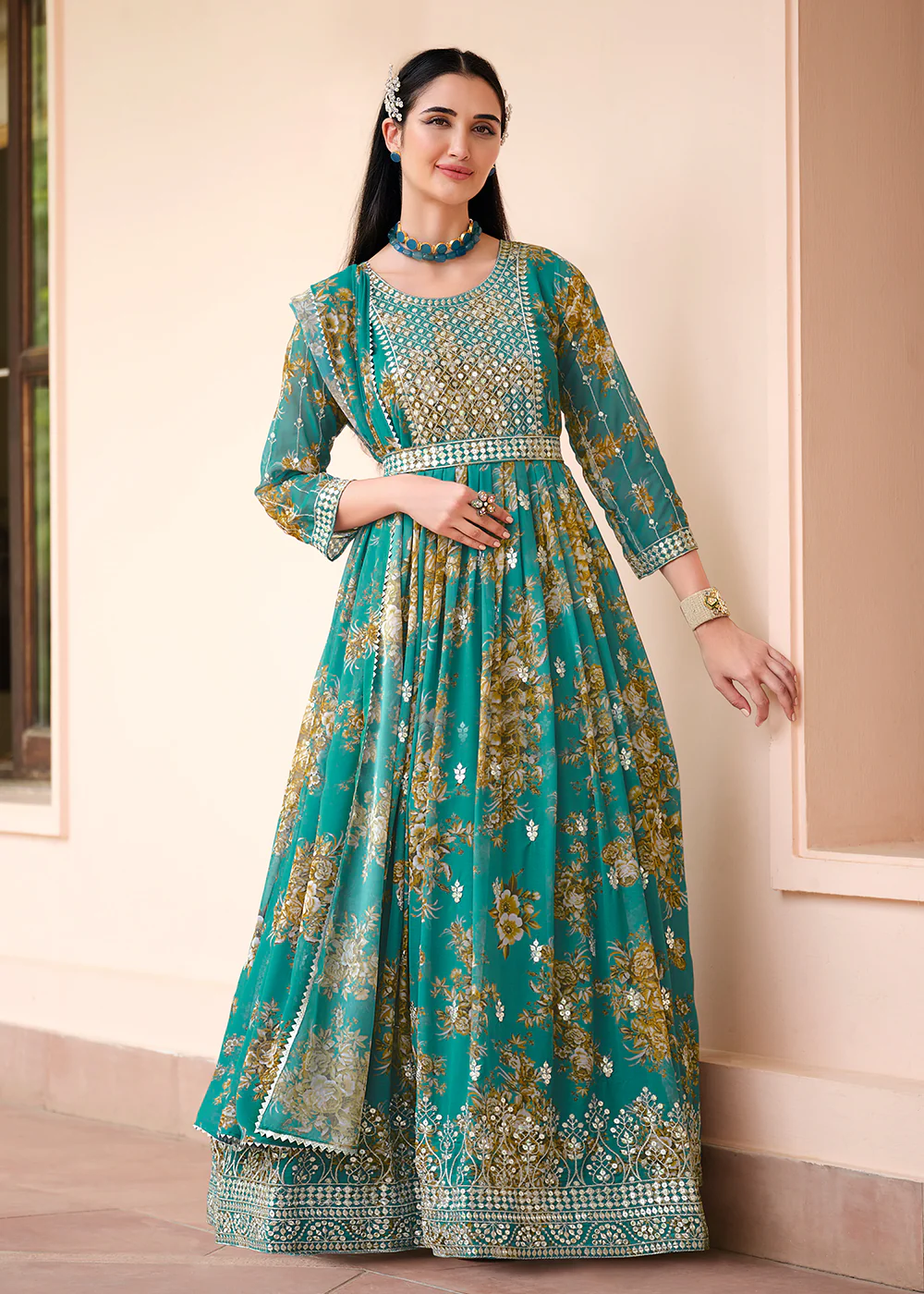 Green Floral Digital Printed & Embroidered Festive Anarkali Gown - Image 3