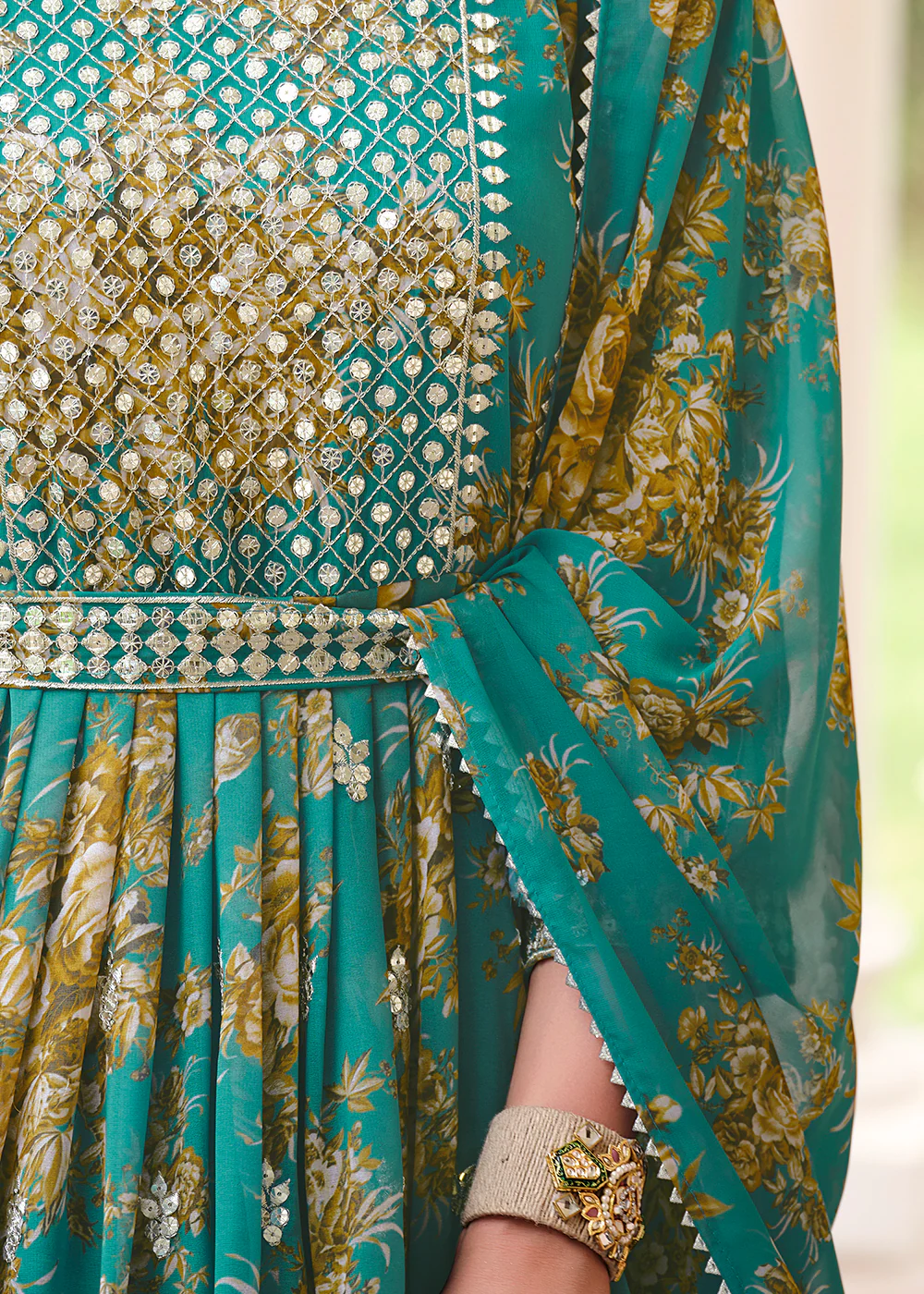 Green Floral Digital Printed & Embroidered Festive Anarkali Gown - Image 4