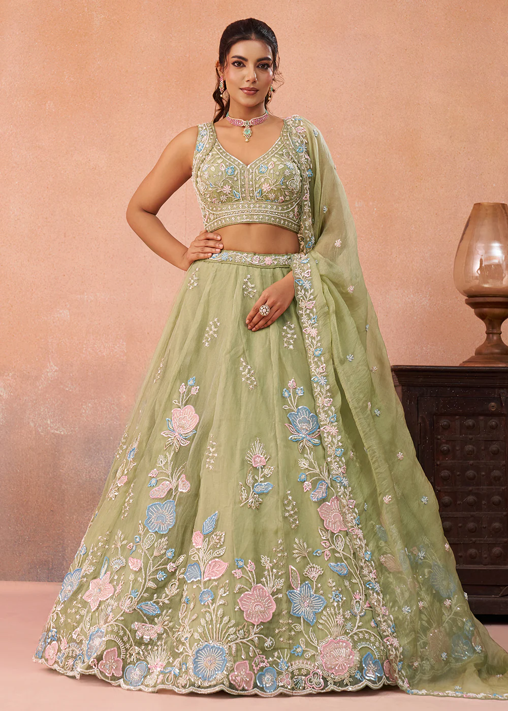Green Floral Embroidered Designer Reception Lehenga Choli