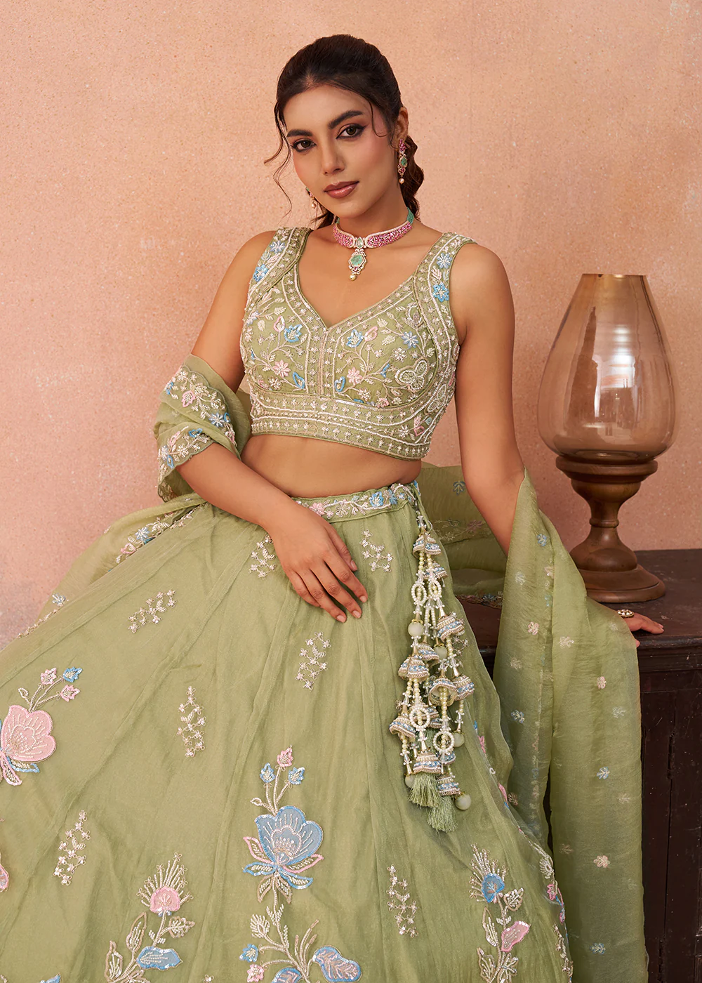 Green Floral Embroidered Designer Reception Lehenga Choli - Image 2