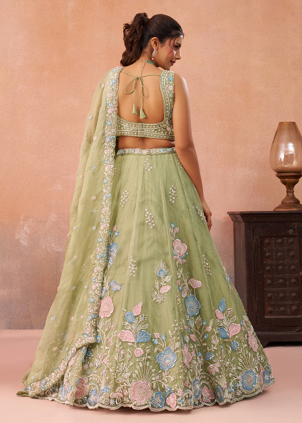 Green Floral Embroidered Designer Reception Lehenga Choli - Image 3