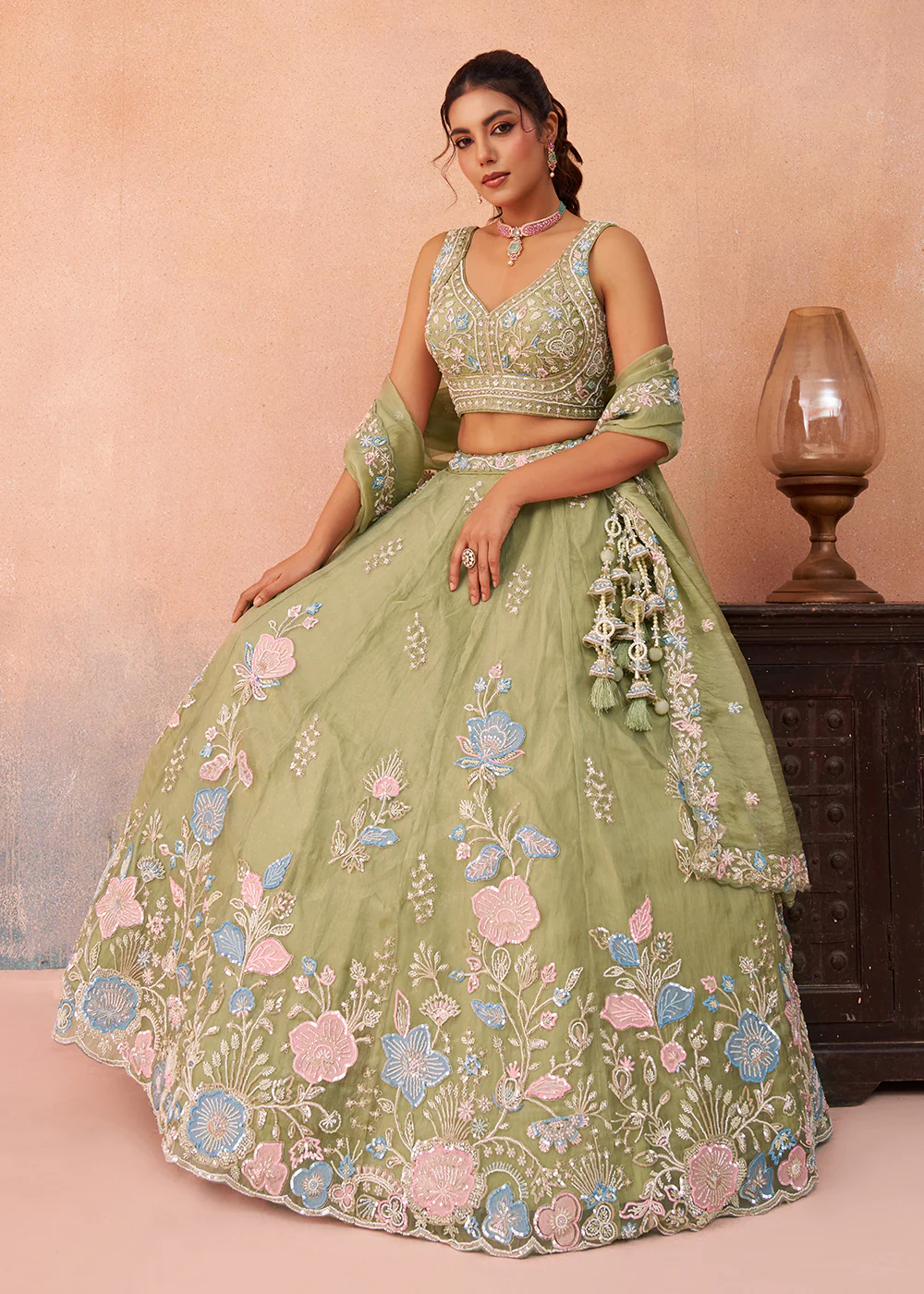 Green Floral Embroidered Designer Reception Lehenga Choli - Image 4