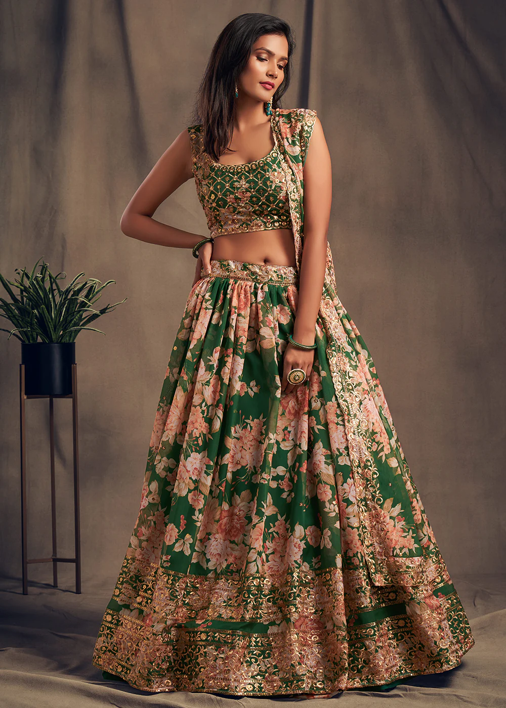 Green Floral Embroidered Organza Wedding Lehenga Choli - Image 4