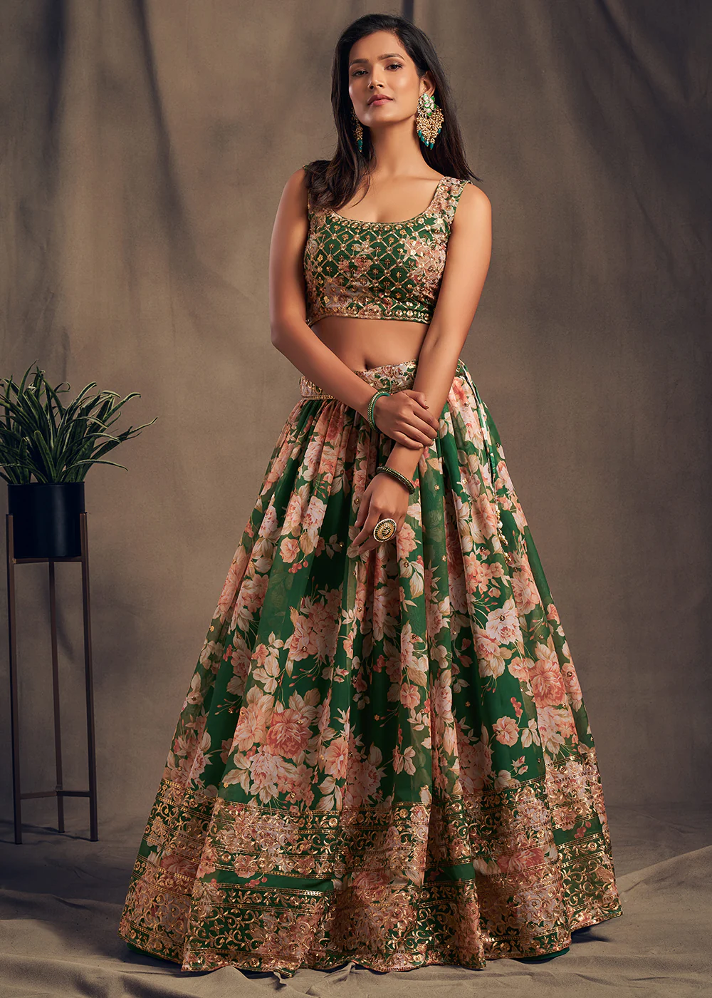 Green Floral Embroidered Organza Wedding Lehenga Choli - Image 5