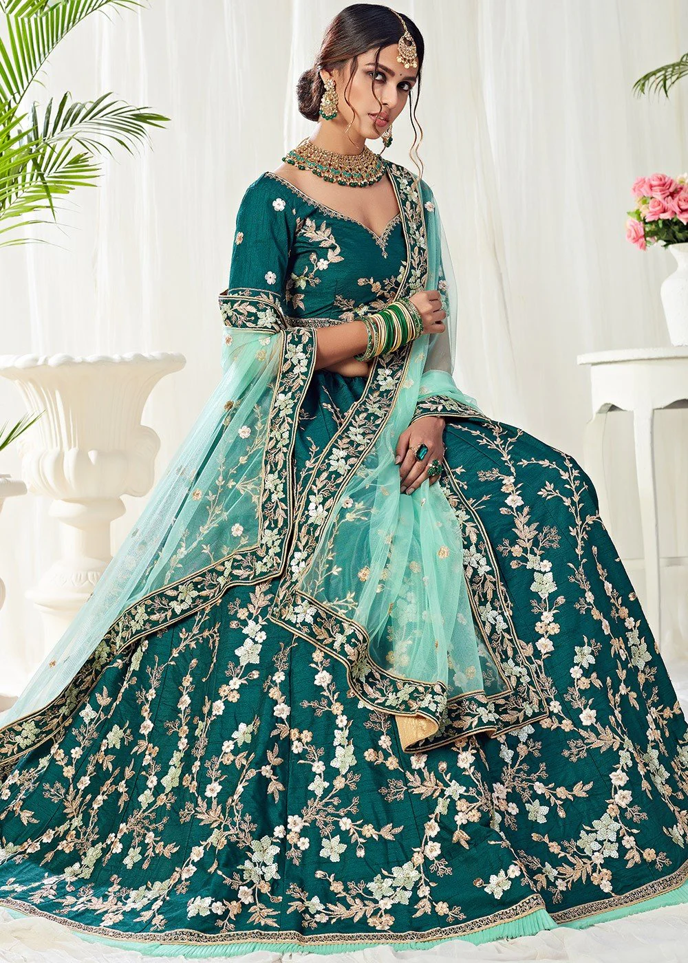 Green Floral Embroidered Art Silk Lehenga Choli - Image 2