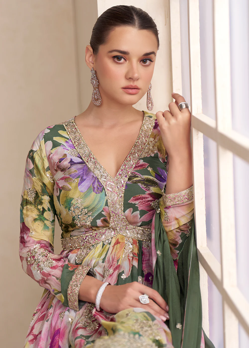 Green Floral Printed & Embroidered Festive Palazzo Dress - Image 2