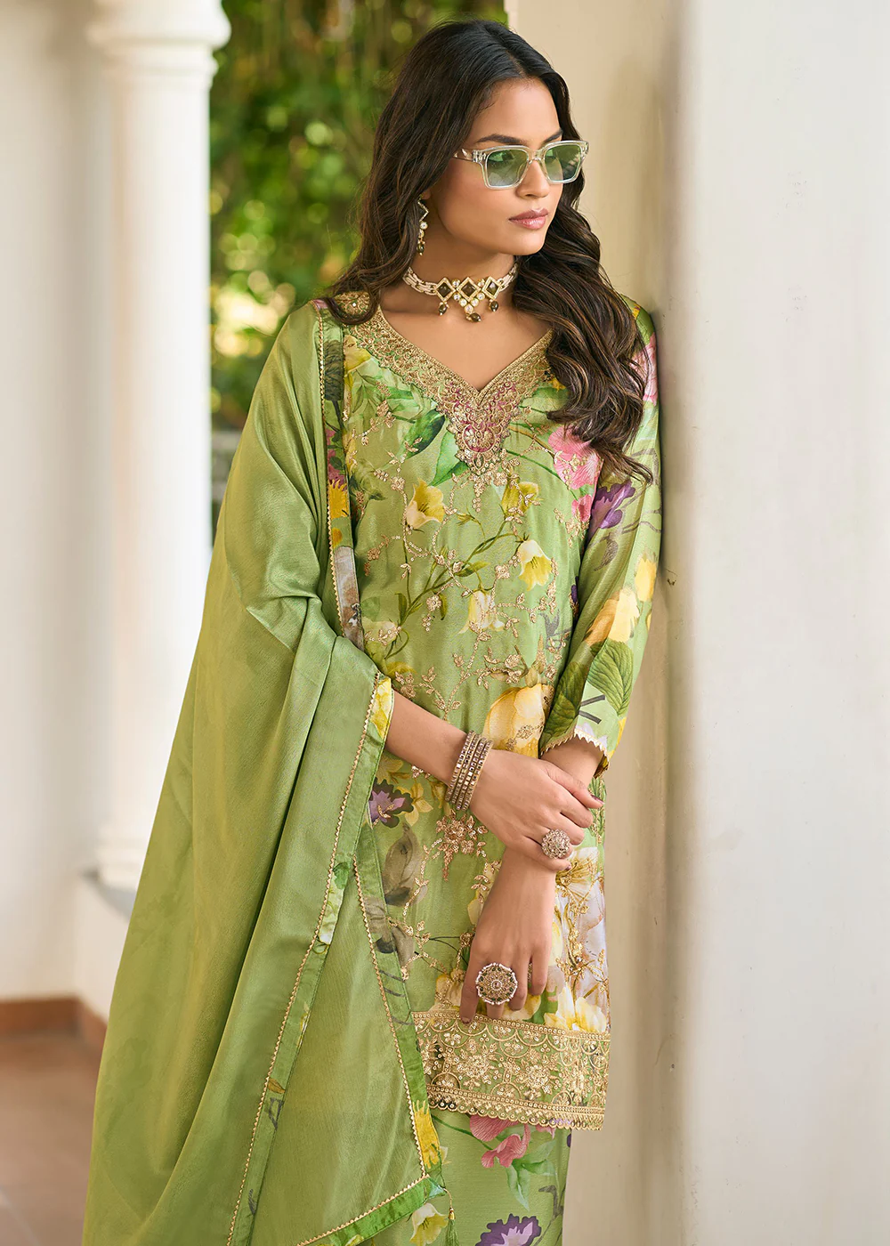 Green Floral Printed & Embroidered Festive Palazzo Suit - Image 2