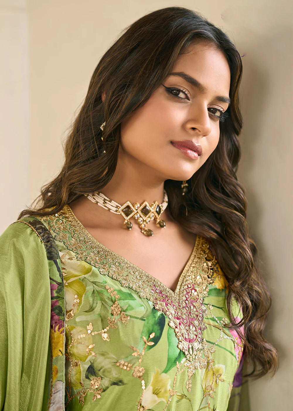Green Floral Printed & Embroidered Festive Palazzo Suit - Image 3