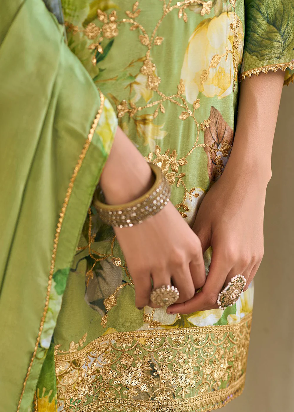 Green Floral Printed & Embroidered Festive Palazzo Suit - Image 4