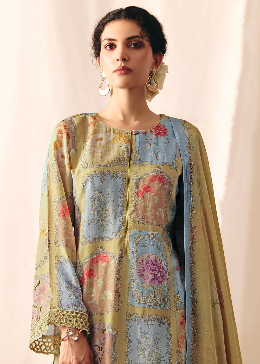 Green Floral Printed Muslin Pant Style Salwar Suit - Image 2