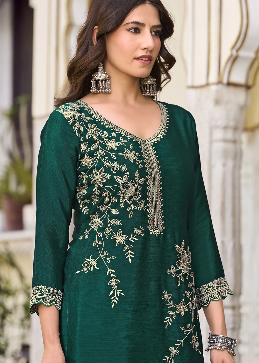 Green Floral Threads & Sequins Festive Palazzo Suit - Image 2