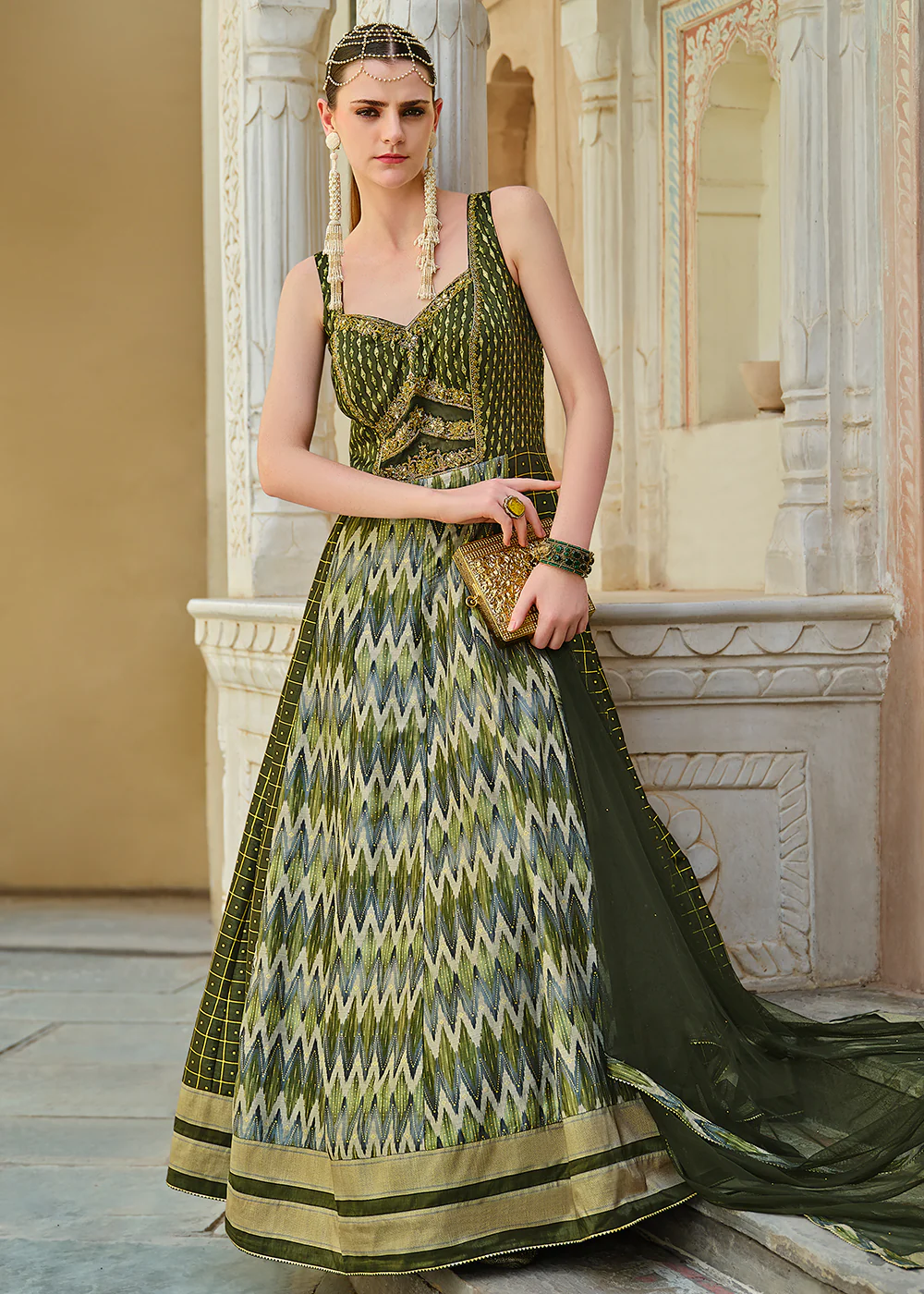 Green Foil Printed Silk Embroidered Festive Anarkali Gown
