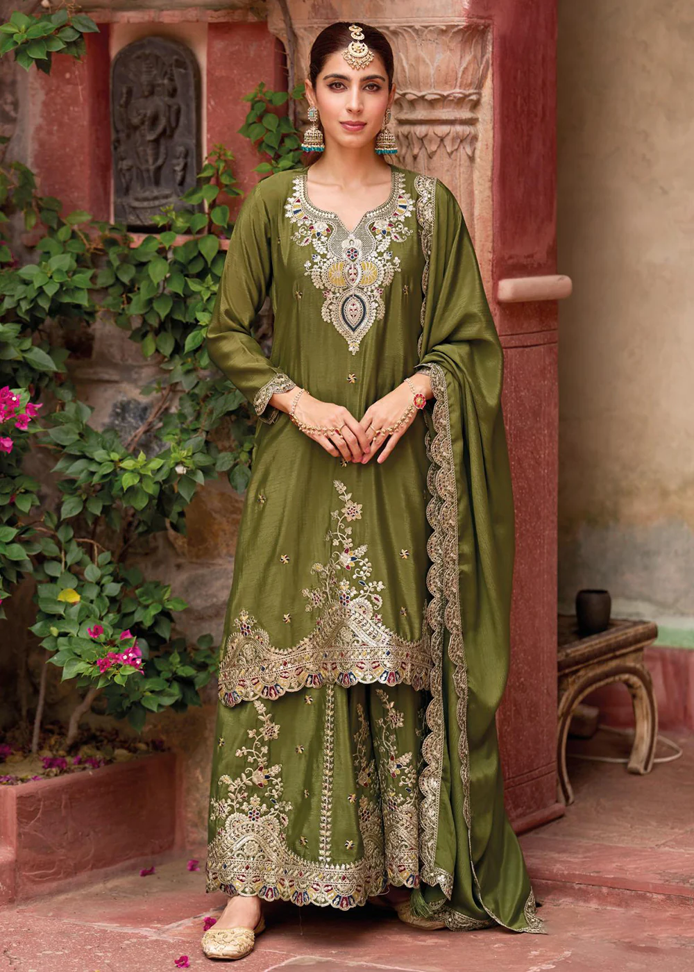 Green Foil Work Chinnon Silk Palazzo Style Suit
