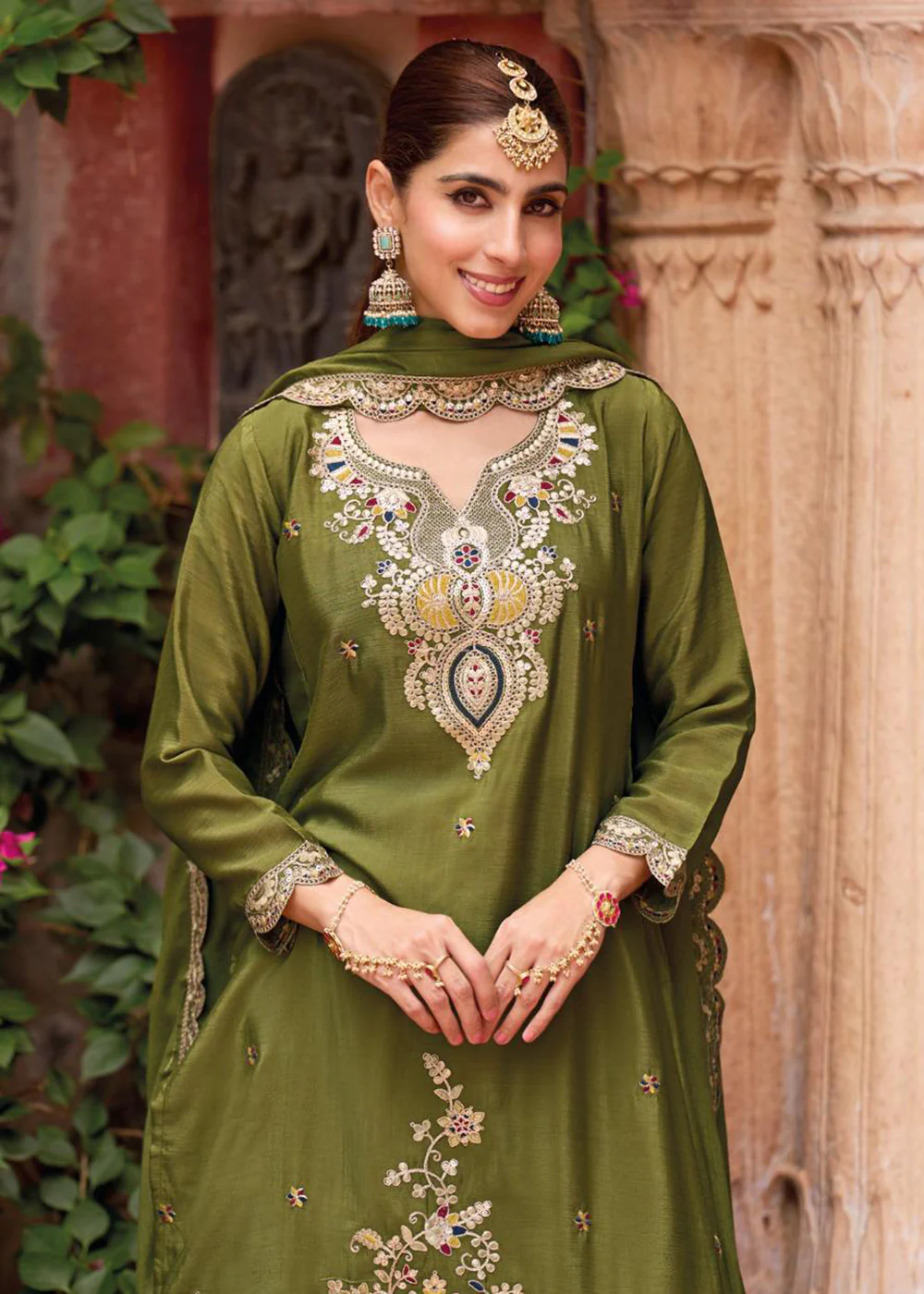 Green Foil Work Chinnon Silk Palazzo Style Suit - Image 2
