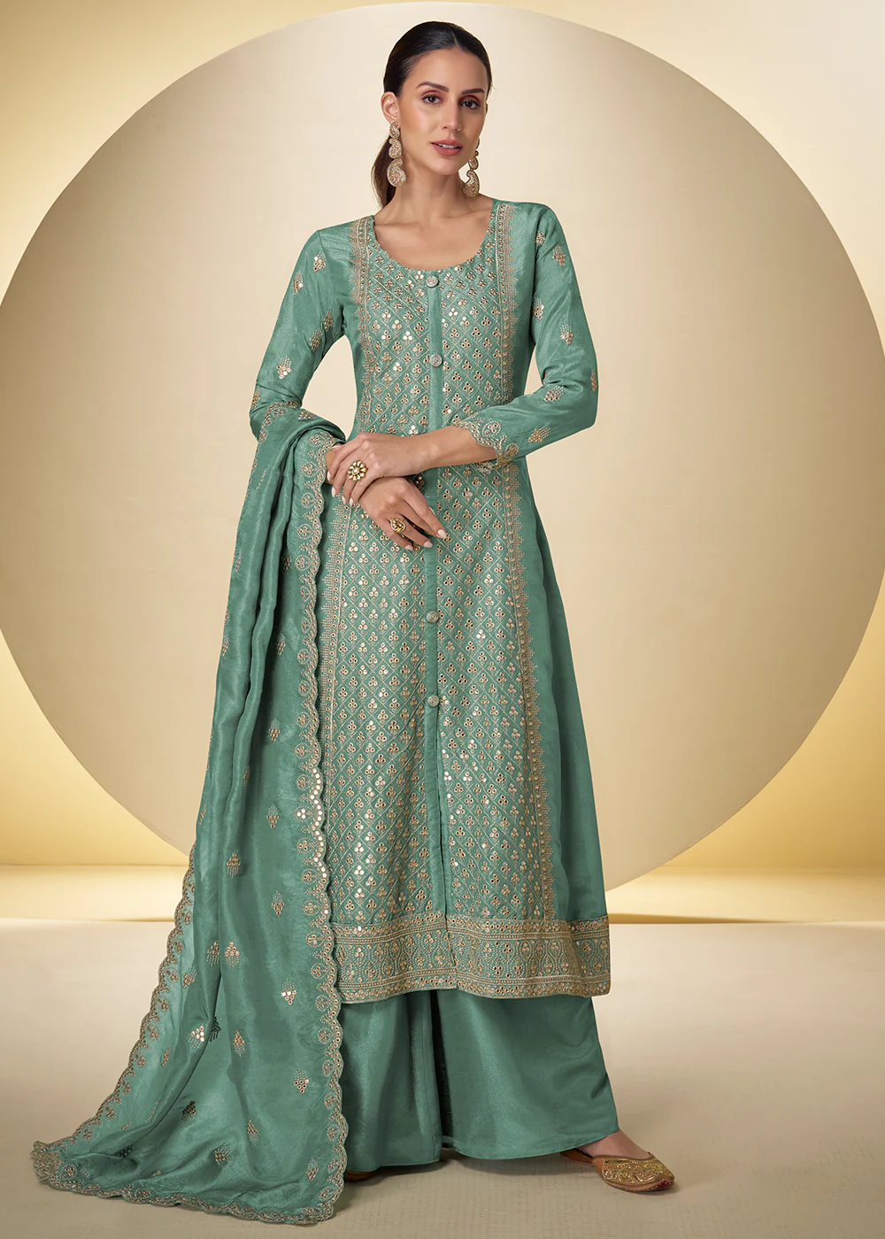 Green Front & Back Embroidered Shimmer Silk Palazzo Suit