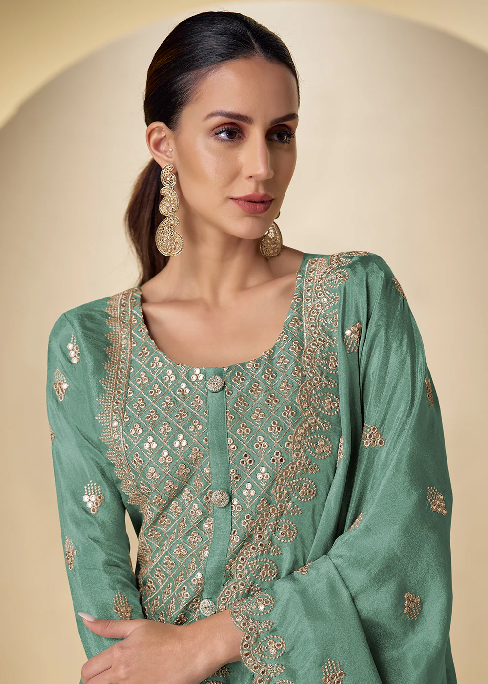 Green Front & Back Embroidered Shimmer Silk Palazzo Suit - Image 2