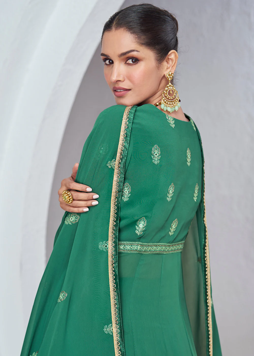 Green Front Slit Embroidered Lehenga Skirt Suit - Image 3