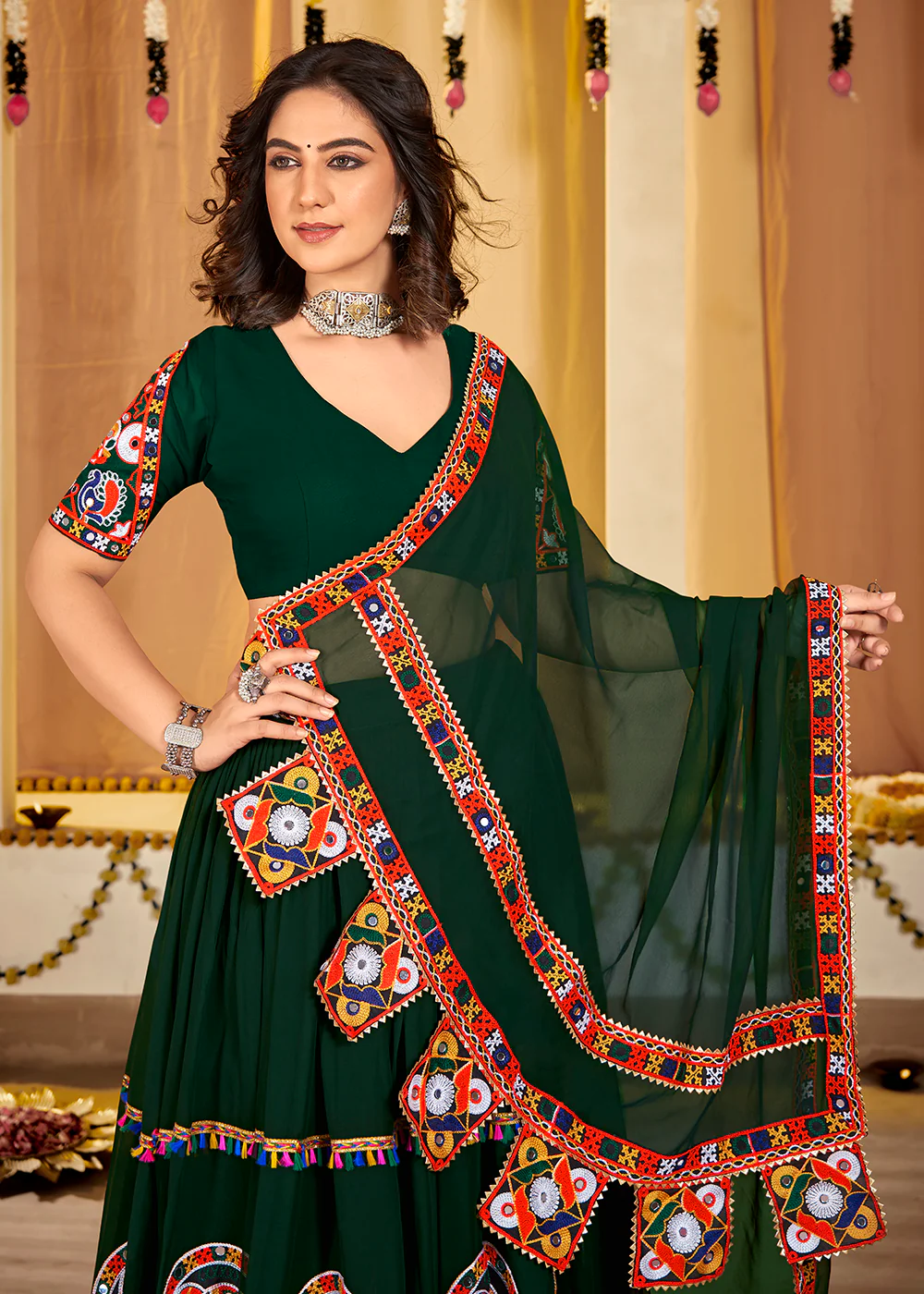 Green Gamthi Work Georgette Navratri Special Chaniya Choli - Image 2