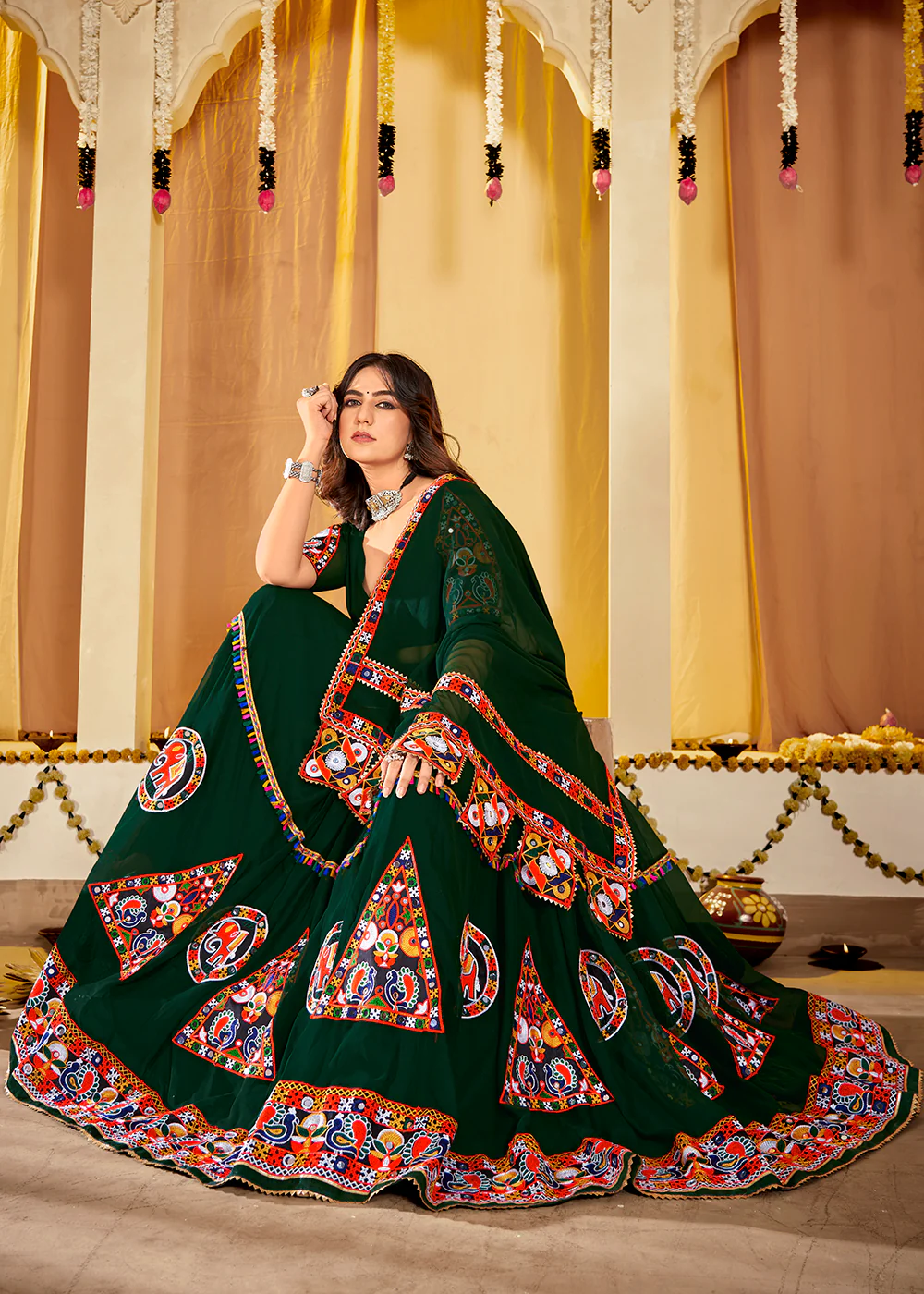 Green Gamthi Work Georgette Navratri Special Chaniya Choli - Image 4
