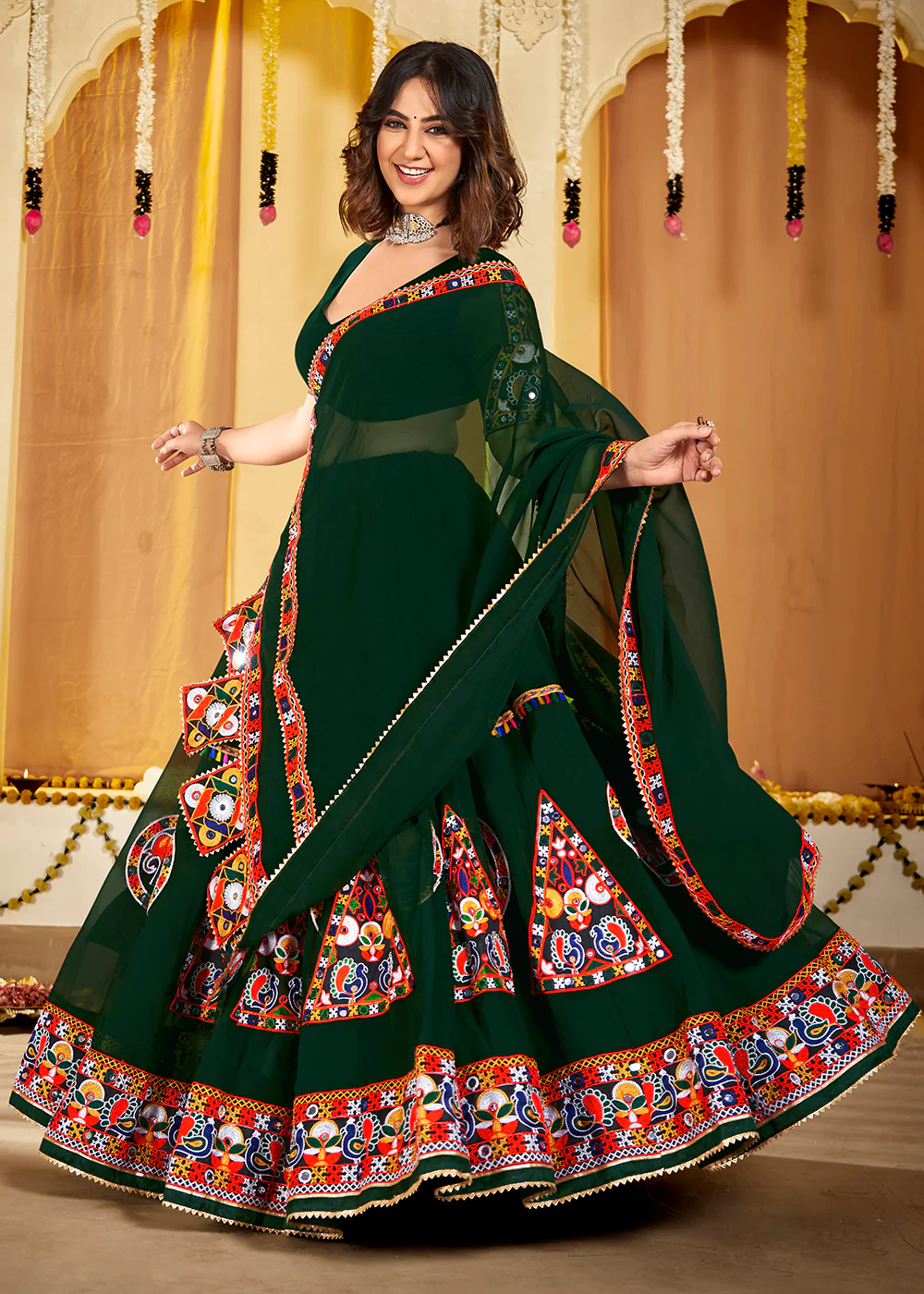 Green Gamthi Work Georgette Navratri Special Chaniya Choli - Image 5
