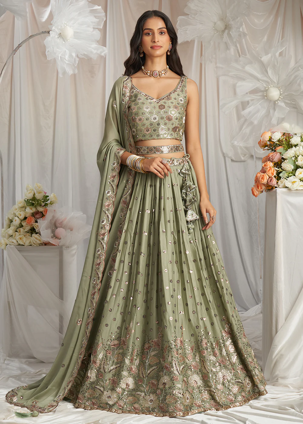 Green Georgette Cording Threads Embroidered Lehenga Choli