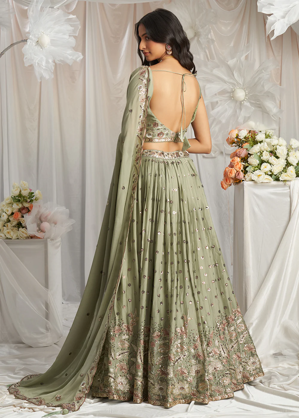 Green Georgette Cording Threads Embroidered Lehenga Choli - Image 3
