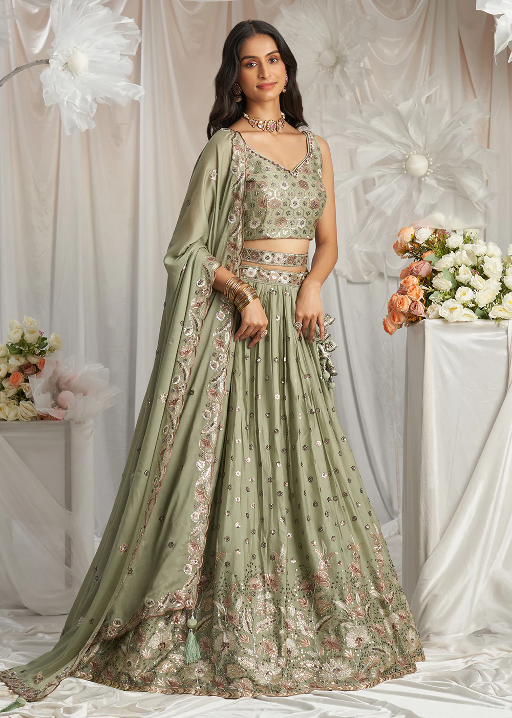 Green Georgette Cording Threads Embroidered Lehenga Choli - Image 5