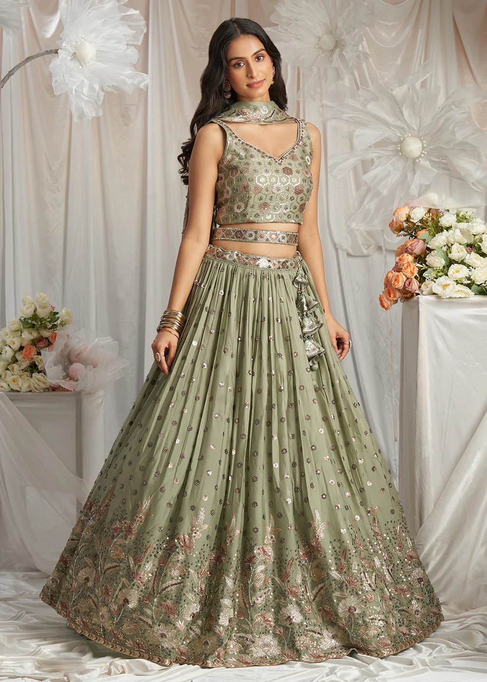 Green Georgette Cording Threads Embroidered Lehenga Choli - Image 6