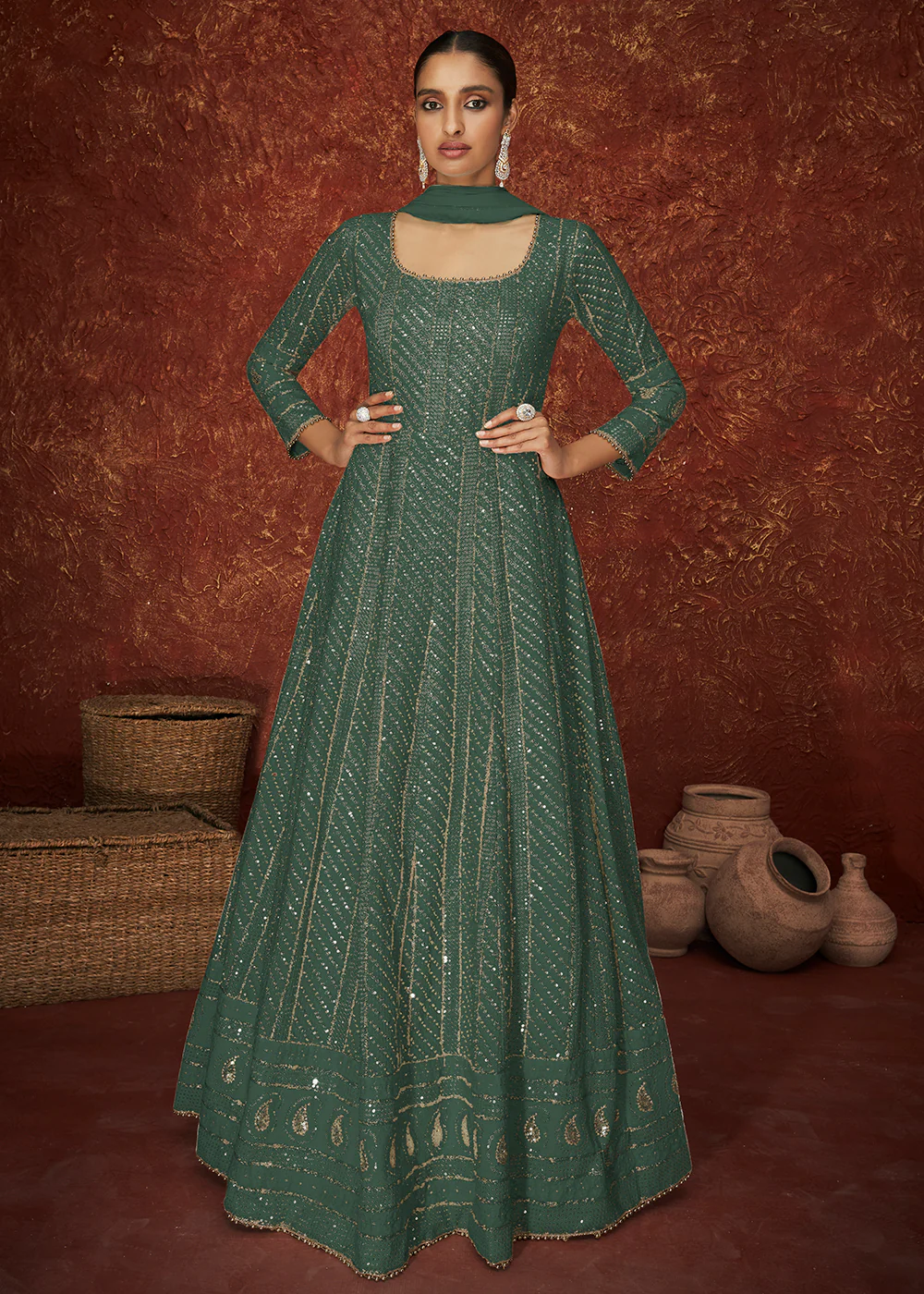 Green Georgette Long Embroidered Anarkali Suit