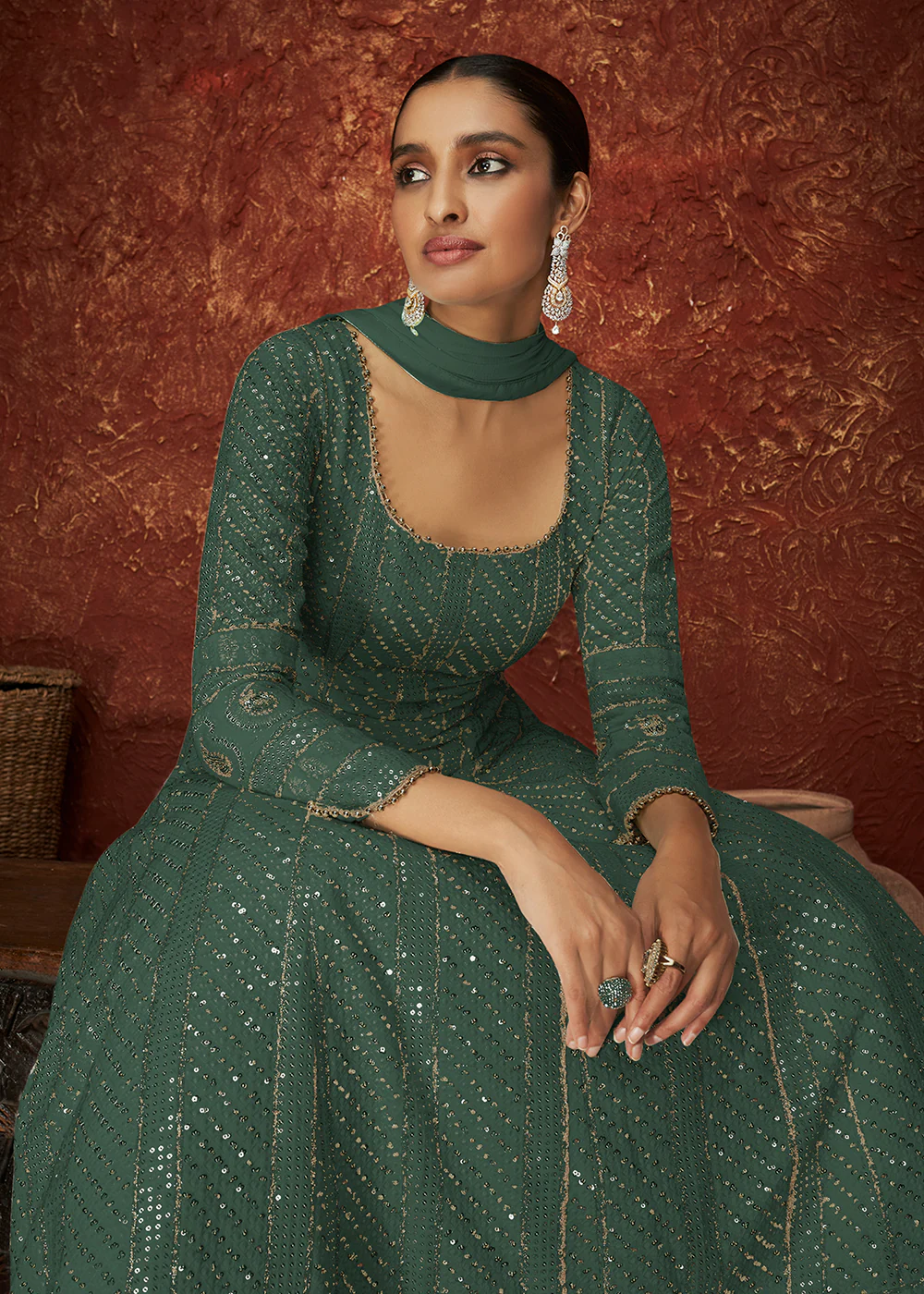 Green Georgette Long Embroidered Anarkali Suit - Image 2
