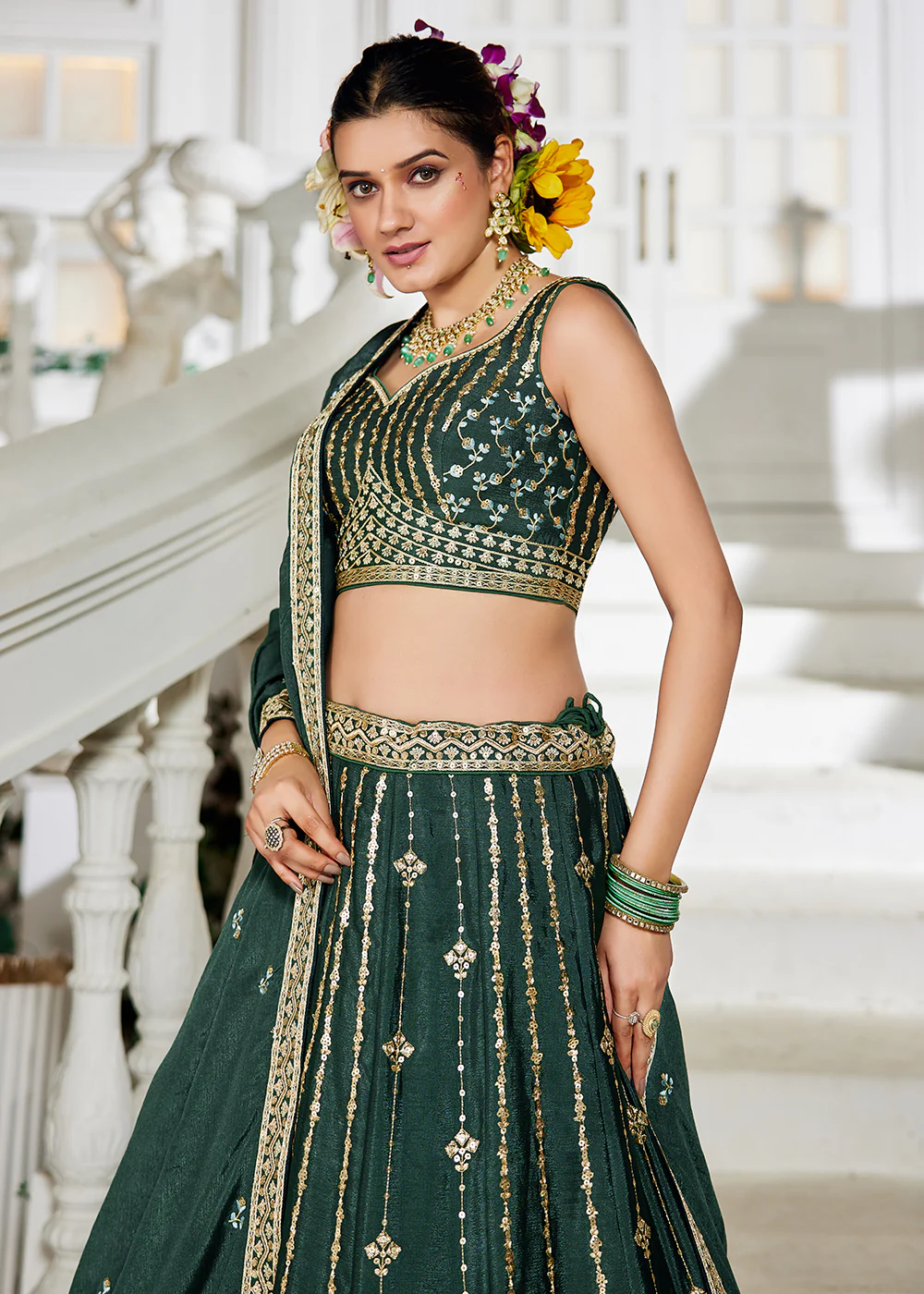 Green Georgette Sequins Festive Party Lehenga Choli - Image 2