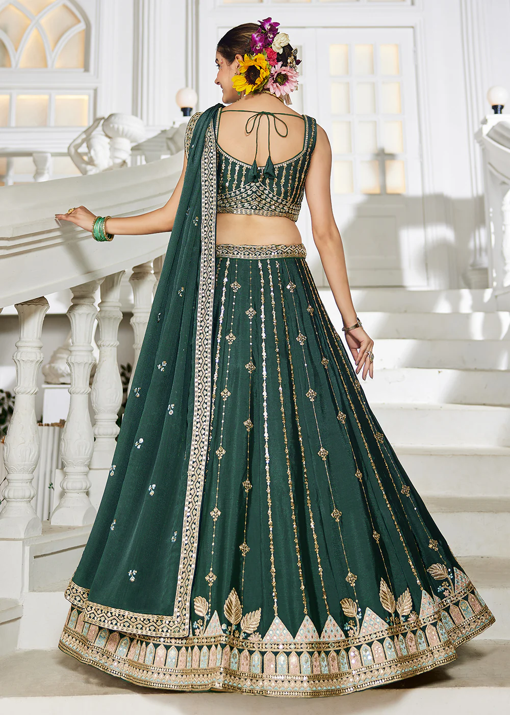 Green Georgette Sequins Festive Party Lehenga Choli - Image 3