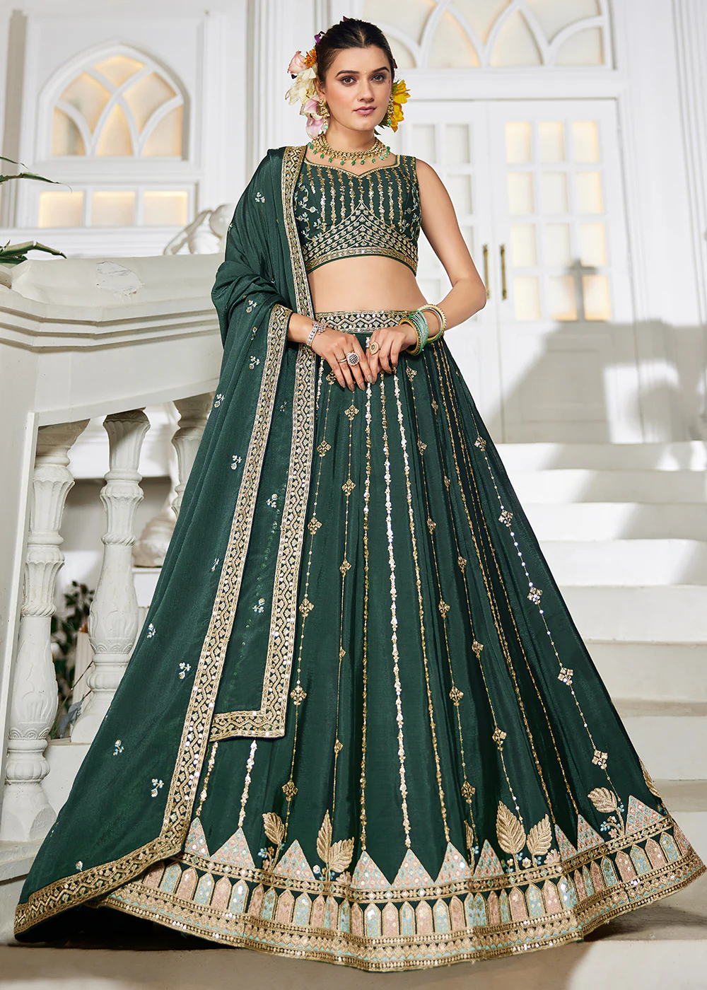 Green Georgette Sequins Festive Party Lehenga Choli - Image 4