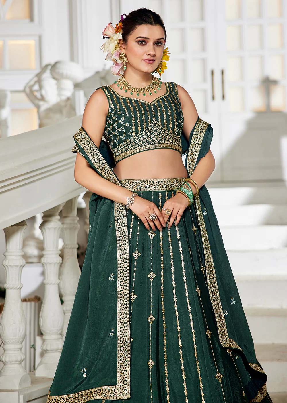 Green Georgette Sequins Festive Party Lehenga Choli - Image 5