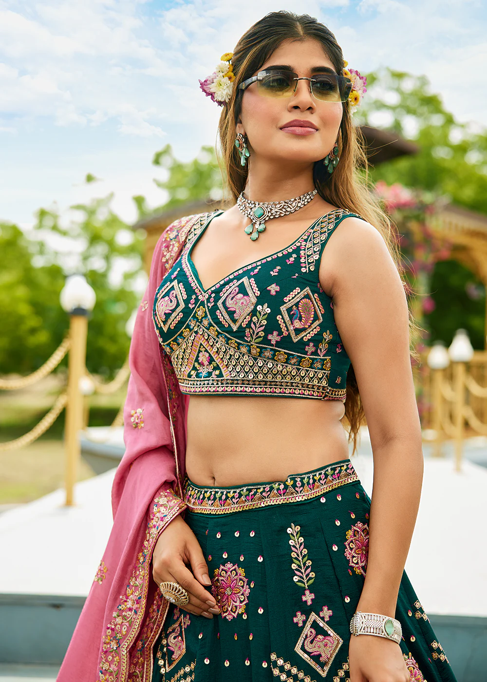 Green Georgette Sequins Wedding Party Lehenga Choli - Image 2