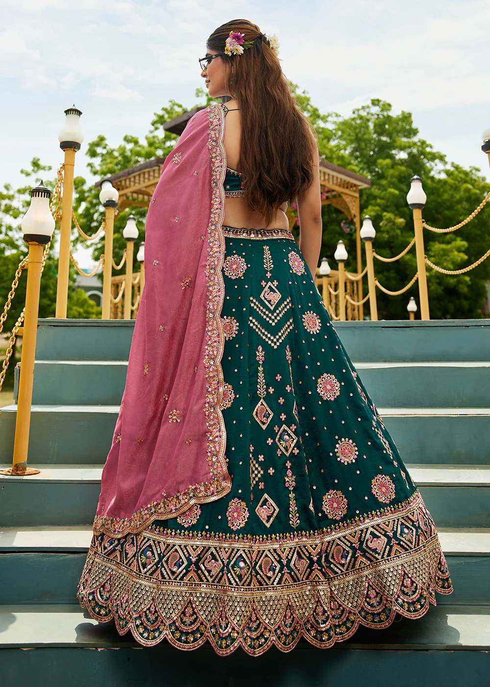 Green Georgette Sequins Wedding Party Lehenga Choli - Image 3