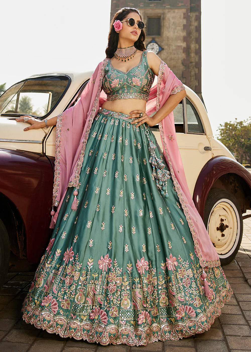 Green Georgette Sequins Wedding Wear Lehenga Choli