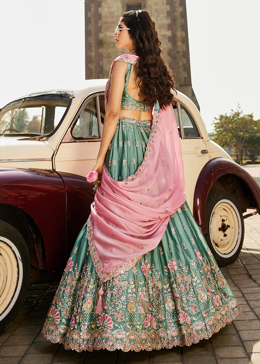Green Georgette Sequins Wedding Wear Lehenga Choli - Image 3
