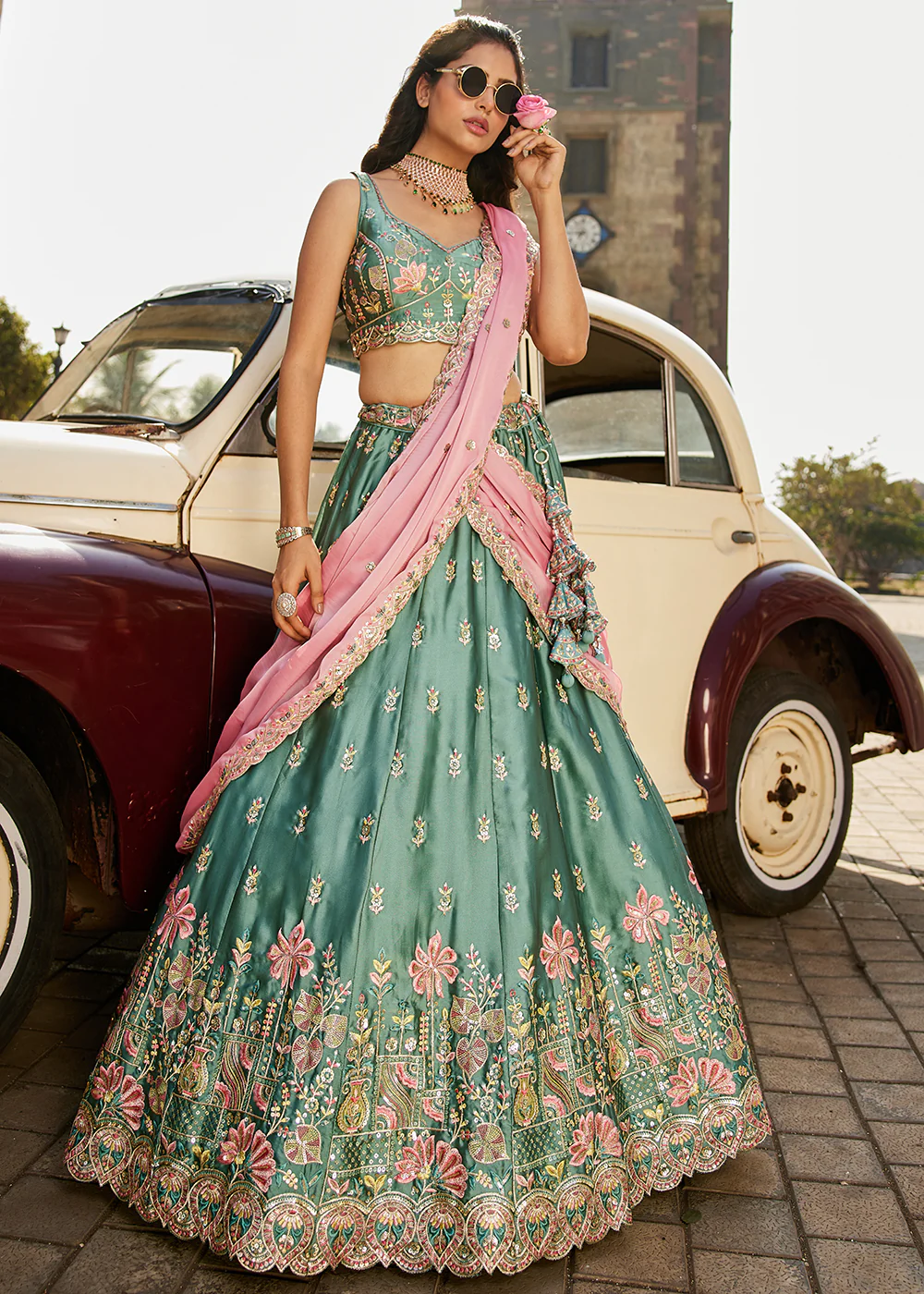 Green Georgette Sequins Wedding Wear Lehenga Choli - Image 4