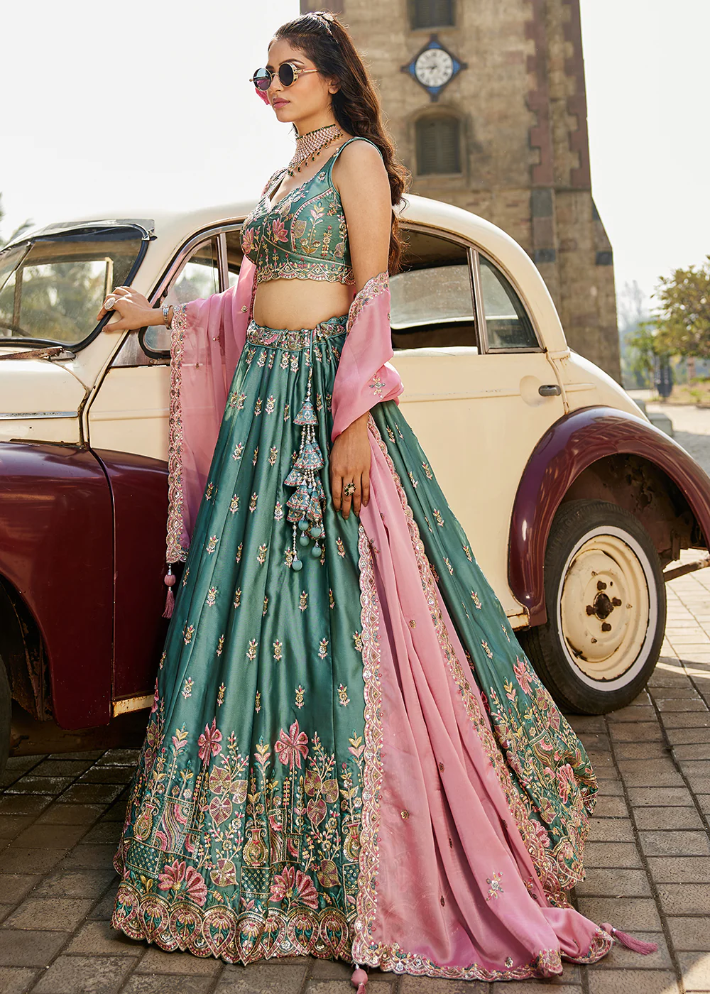 Green Georgette Sequins Wedding Wear Lehenga Choli - Image 6