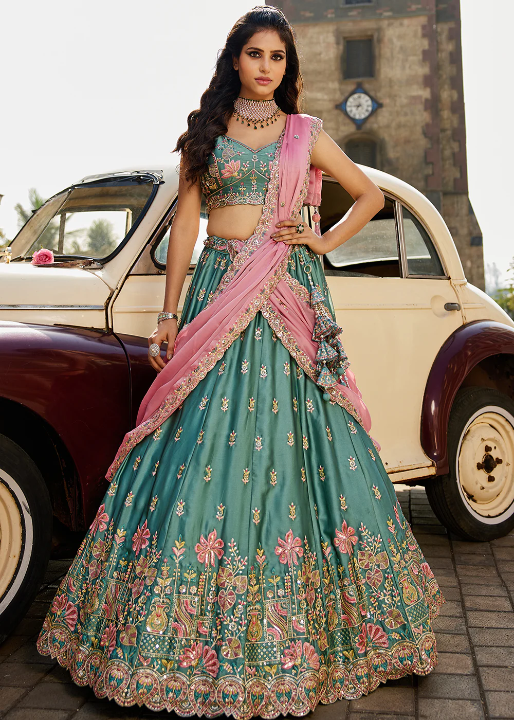 Green Georgette Sequins Wedding Wear Lehenga Choli - Image 8