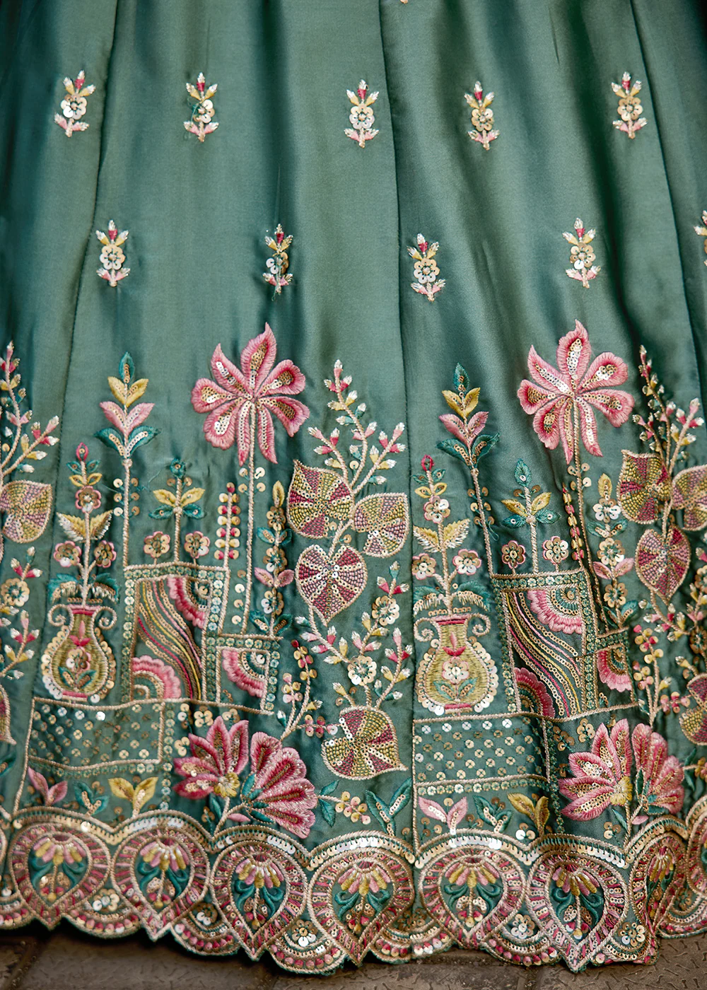Green Georgette Sequins Wedding Wear Lehenga Choli - Image 9