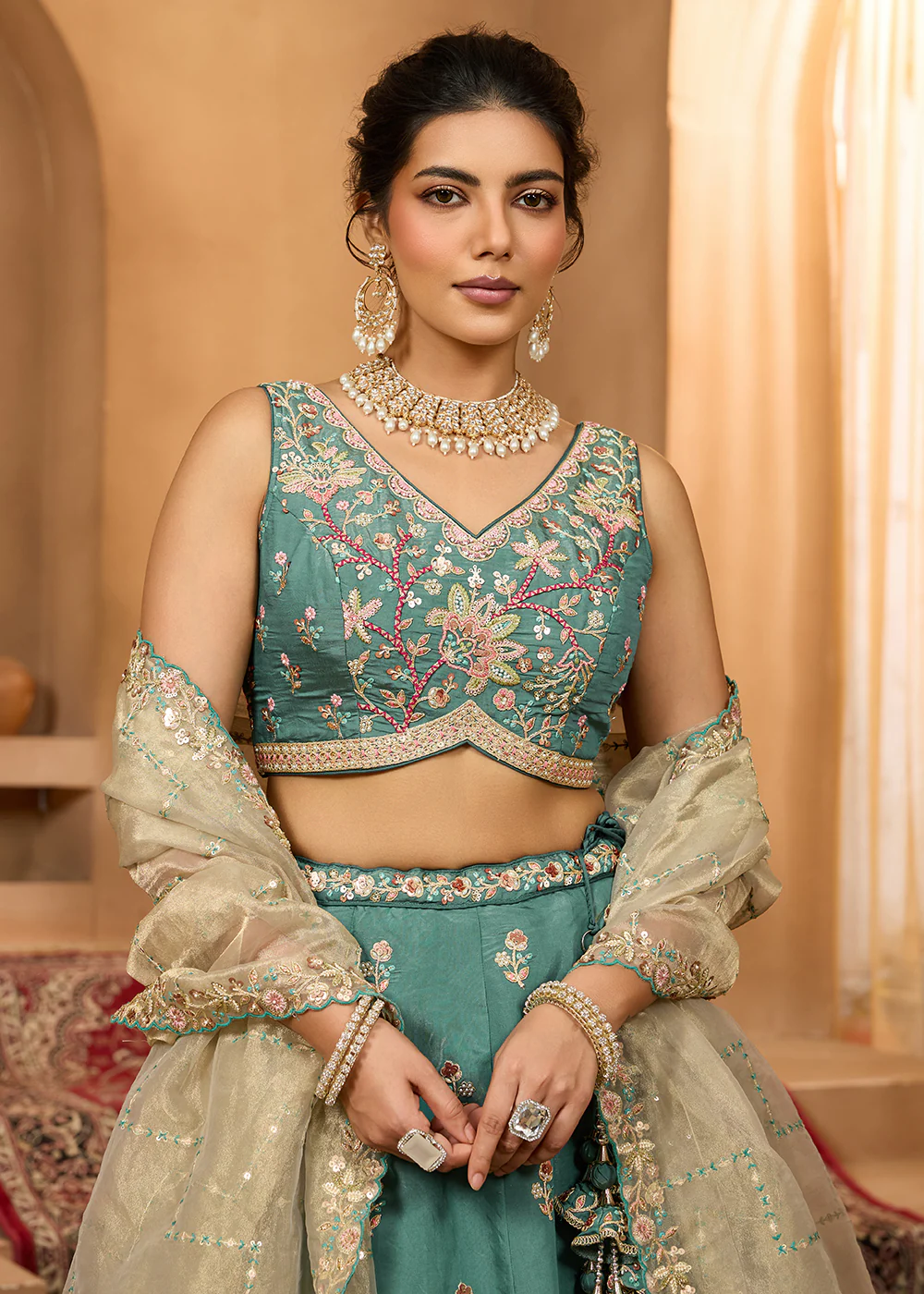 Green Georgette Wedding Embroidered Lehenga Choli - Image 2